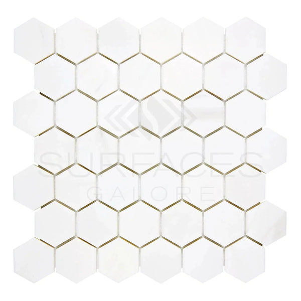 White hexagonal tile mosaic in Bianco Dolomite 2 inch polished or honed marble