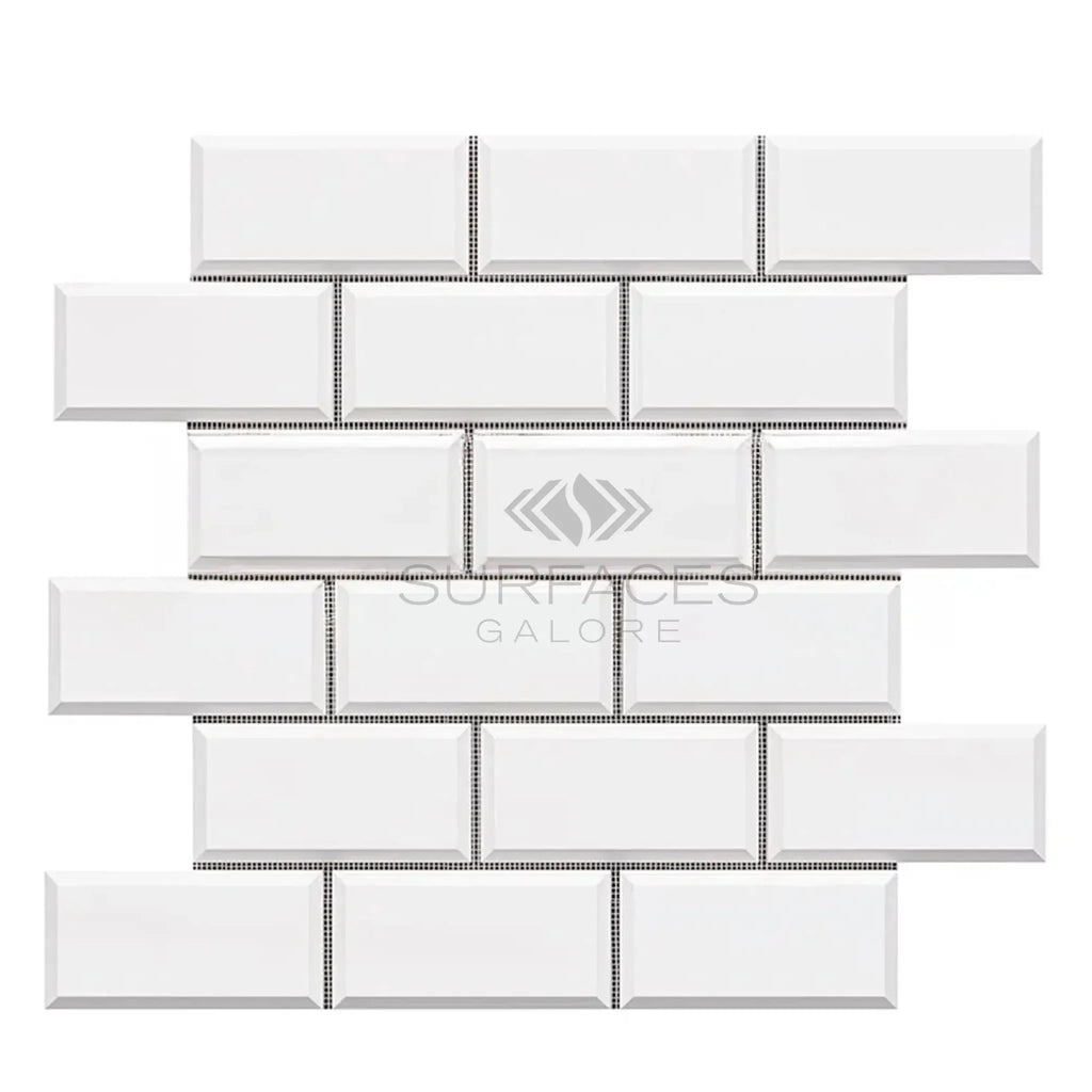 White beveled subway tile sheet from Bianco Dolomite 2X4 Brick Mosaic Marble