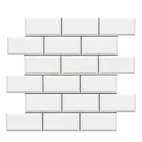 White beveled subway tile sheet from Bianco Dolomite 2X4 Brick Mosaic Marble