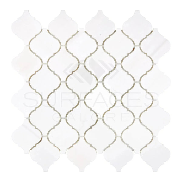 White Arabesque tile mosaic from Bianco Dolomite 3-inch Lantern Marble collection