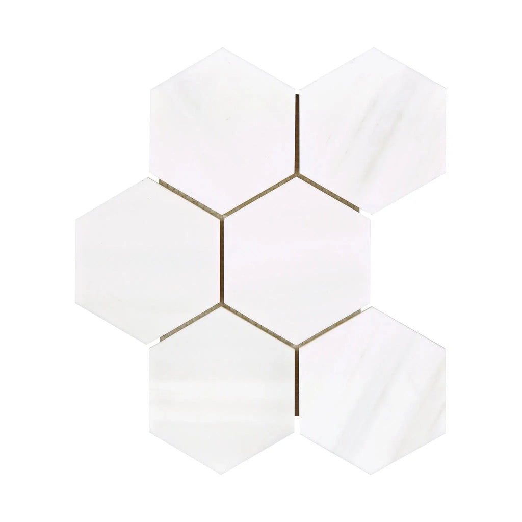 White hexagon tile mosaic in Bianco Dolomite 4 inch polished marble