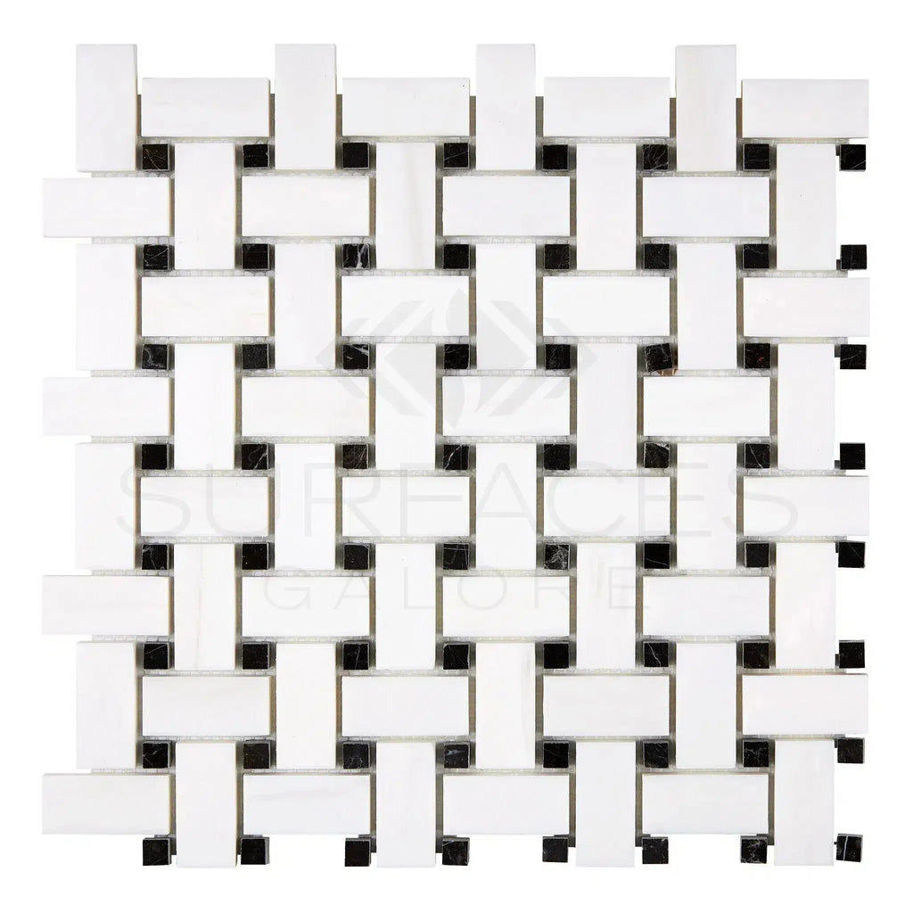 Woven white and black marble tile from Bianco Dolomite Basketweave collection