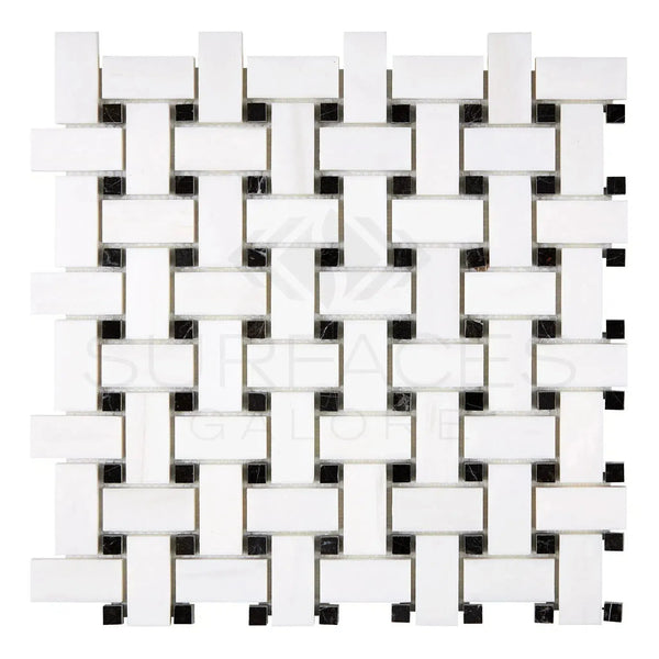 Woven white and black marble tile from Bianco Dolomite Basketweave collection