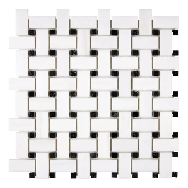 Woven white and black mosaic tile in Bianco Dolomite Basketweave design