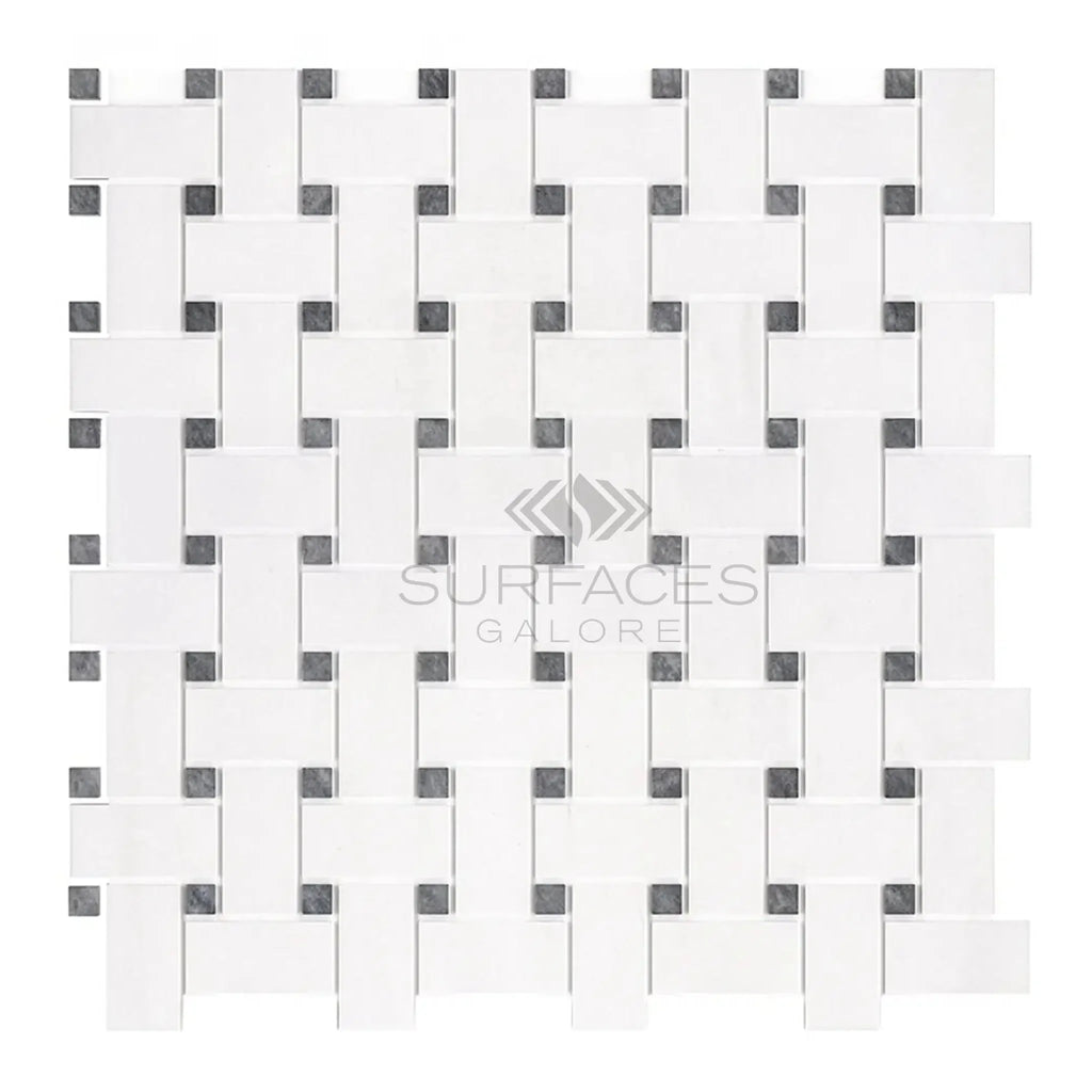 Woven white and gray mosaic tile in Bianco Dolomite Basketweave design