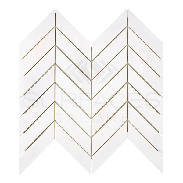 Bianco Dolomite Chevron Mosaic Marble in polished finish displays a white chevron pattern