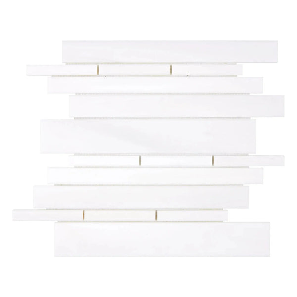 White linear mosaic tile in Bianco Dolomite Manhattan Random-Strip Marble Tumbled