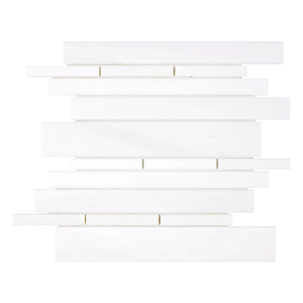 White linear mosaic tile from Bianco Dolomite Manhattan Random-Strip Marble collection