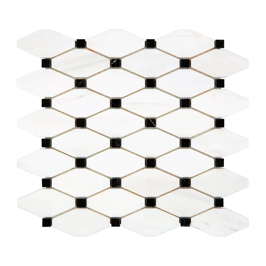 White and black geometric tile pattern on Bianco Dolomite Octagon with Blue-Gray Mosaic