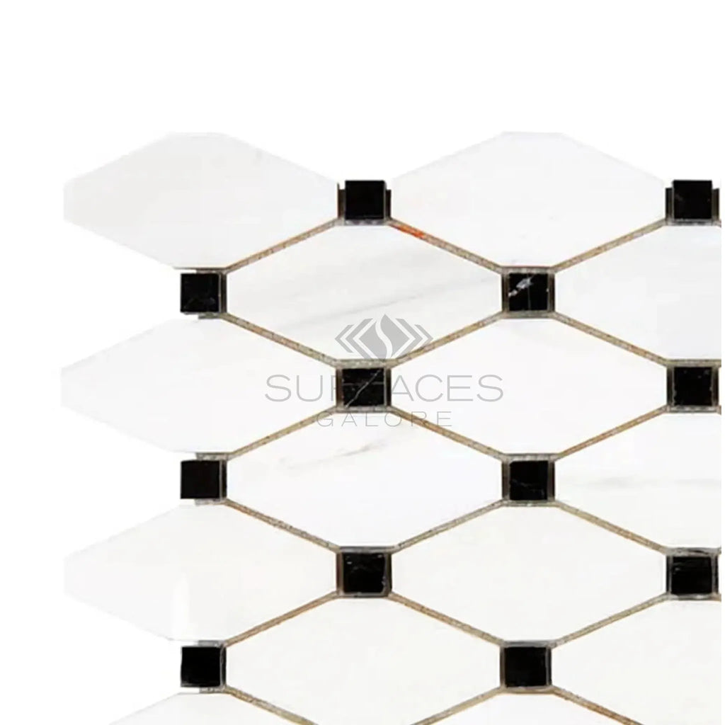 White and black mosaic tile pattern of Bianco Dolomite Octave polished or honed