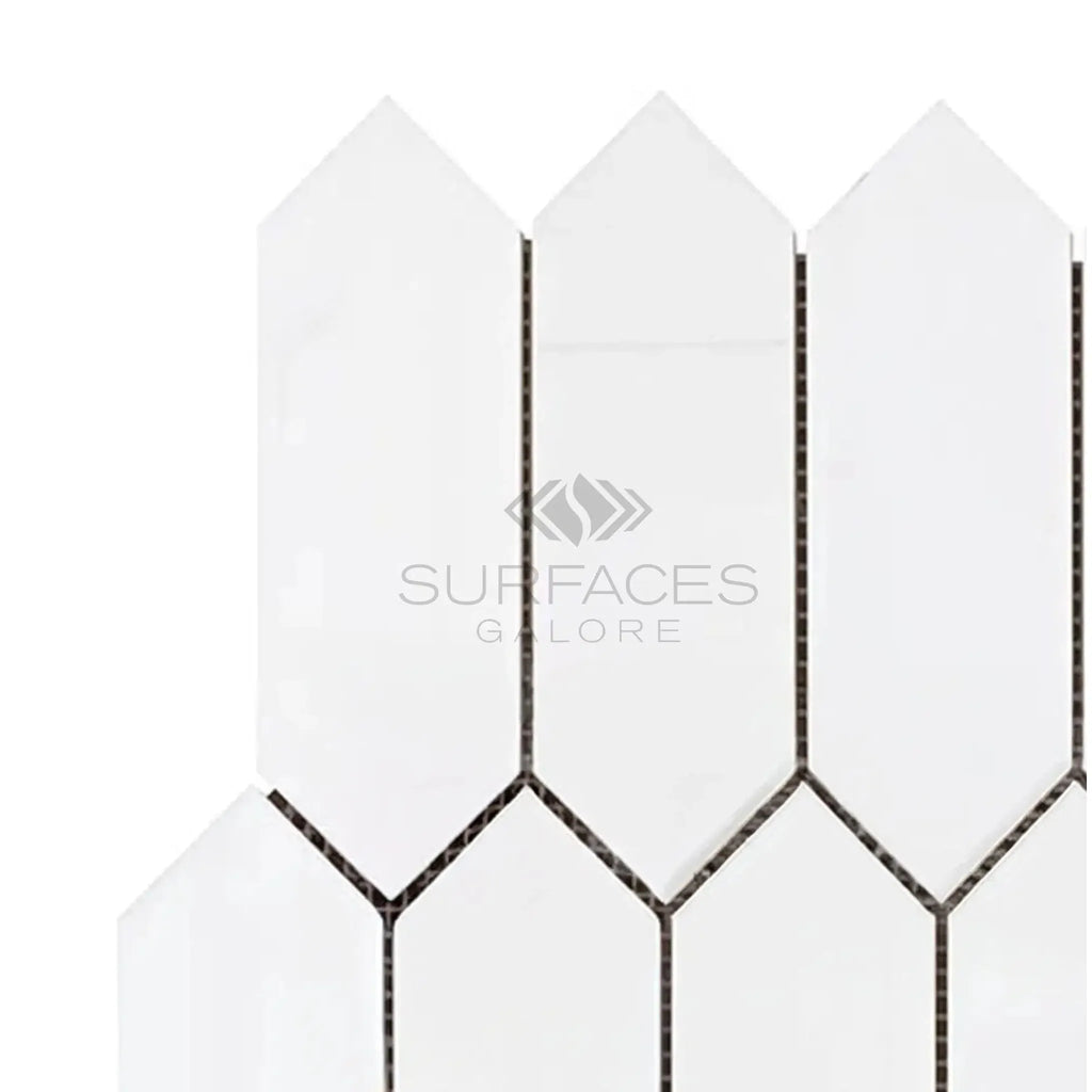 White picket fence tile of Bianco Dolomite Picket Mosaic Marble, polished finish