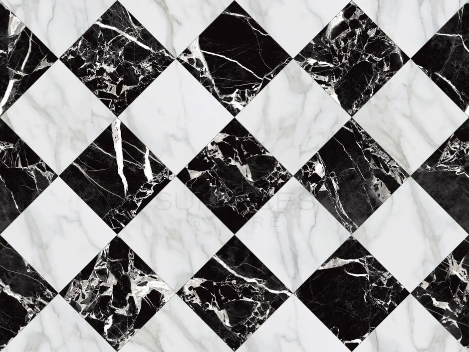 Black and white marble tiles arranged in a checkerboard pattern.