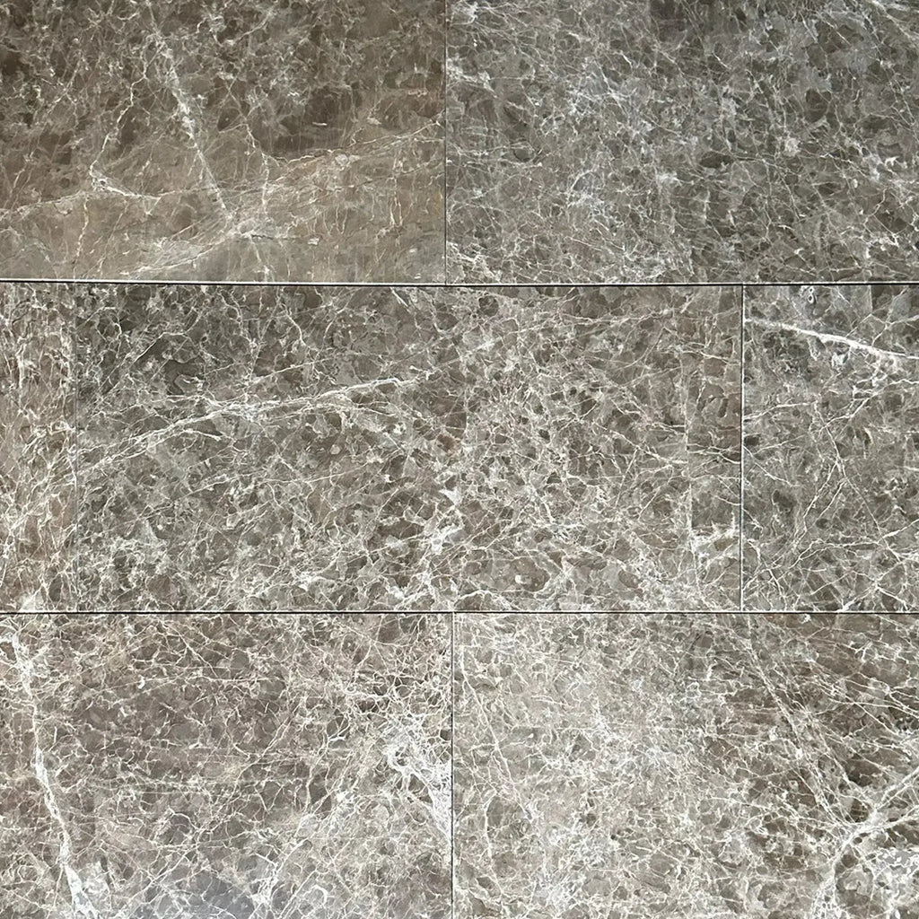 Gray marble tile pattern featuring Cafe Emperador polished marble for clearance sale