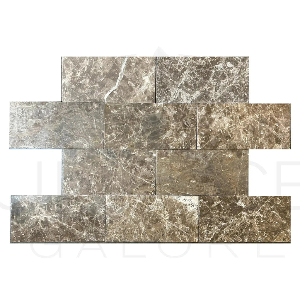 Brown marble brick pattern showcasing Cafe Emperador Polished Tile for clearance sale