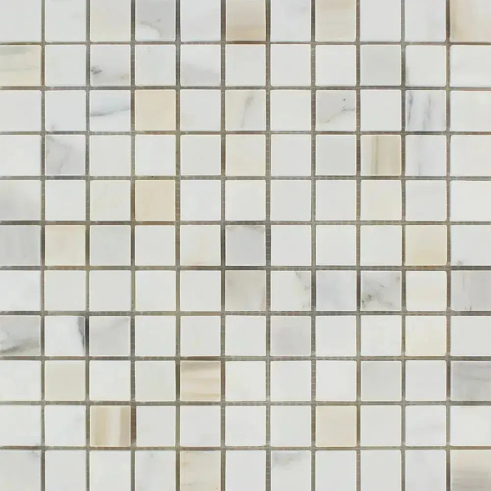 Square mosaic tile pattern of Calacatta Gold 1X1 Marble Tile in polished or honed finish