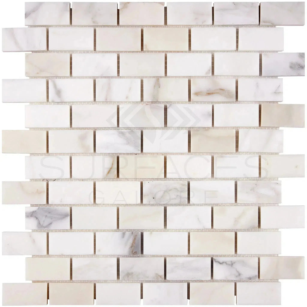 Calacatta Gold 1X2 Brick Mosaic Marble Tile in polished and honed white marble design