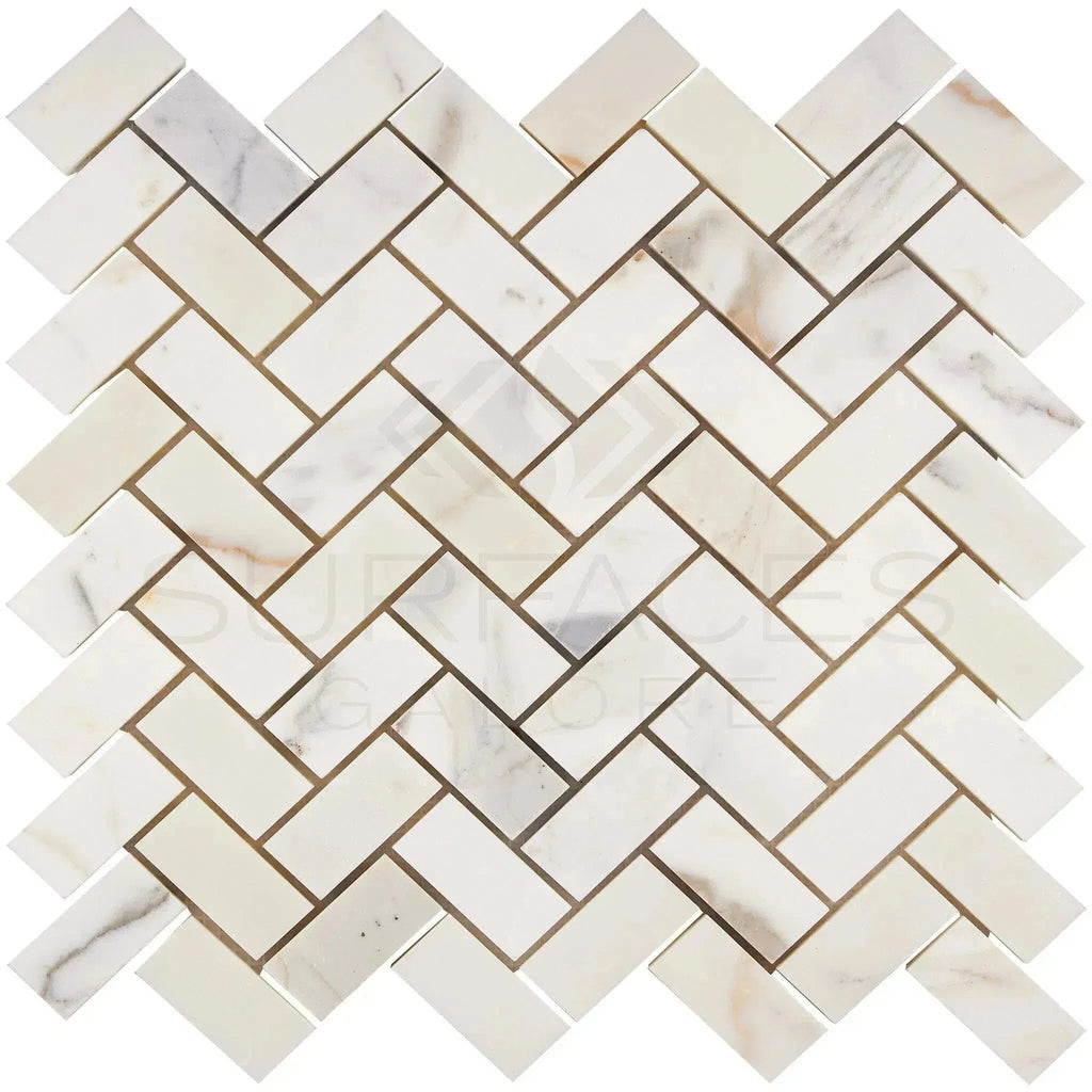 Calacatta Gold 1X2 Herringbone Mosaic Marble Tile in polished and honed finish