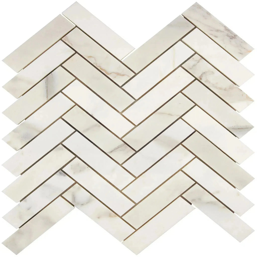 Calacatta Gold 1X4 Herringbone Mosaic Marble Tile in polished or honed finish