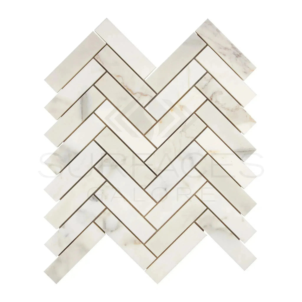 Calacatta Gold 1X4 Herringbone Mosaic Marble Tile in polished and honed finish