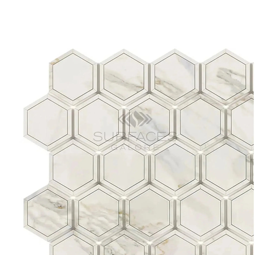 Hexagonal marble mosaic tile sheet featuring Calacatta Gold polished or honed finish