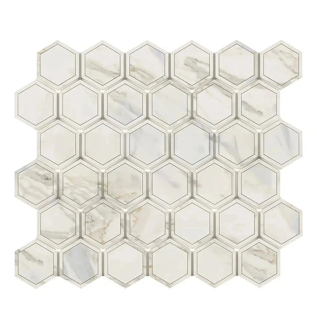 Hexagonal marble mosaic tile sheet in Calacatta Gold Vortex design, polished or honed