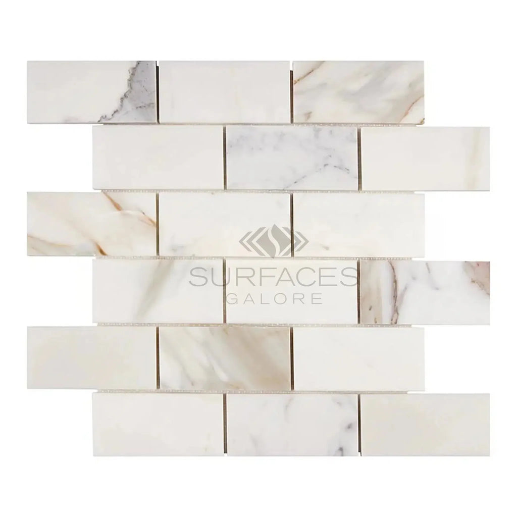 Calacatta Gold 2X4 Brick Mosaic Marble Tile in polished or honed white marble