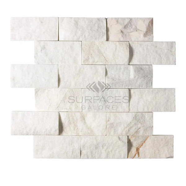 Calacatta Gold 2X4 Brick Split-Faced Mosaic Marble Tile in elegant white marble