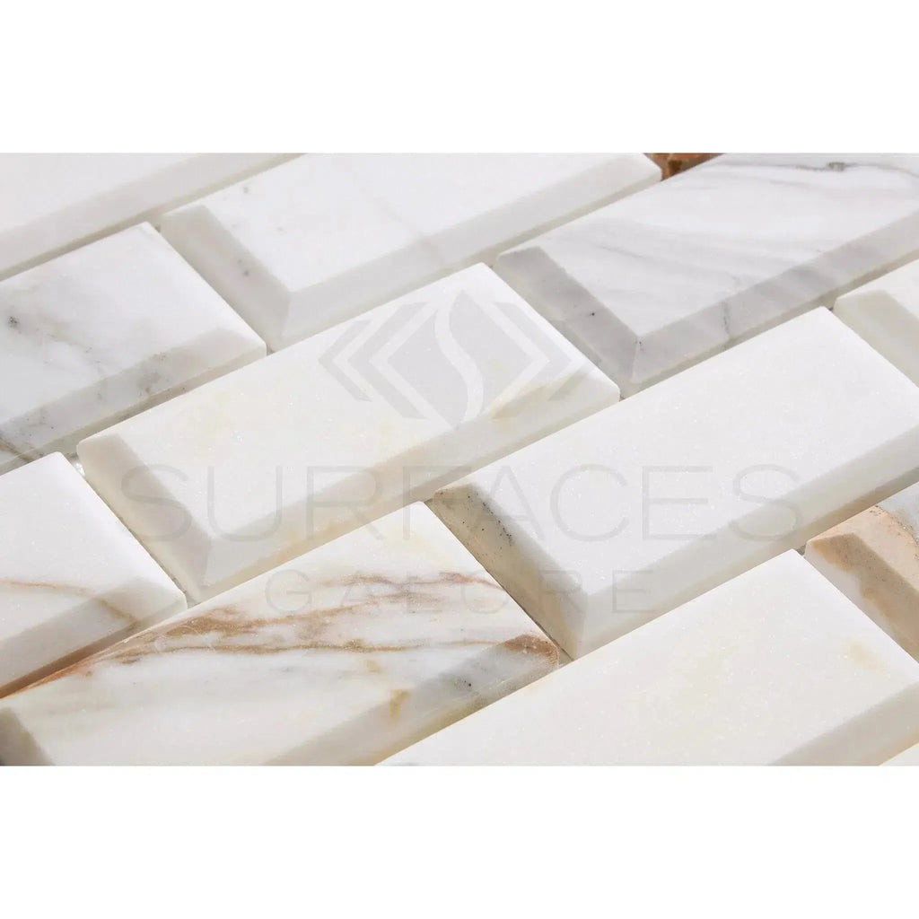 White Marble Brick Tiles from Calacatta Gold 2X4 Deep-Beveled Mosaic Tile Collection