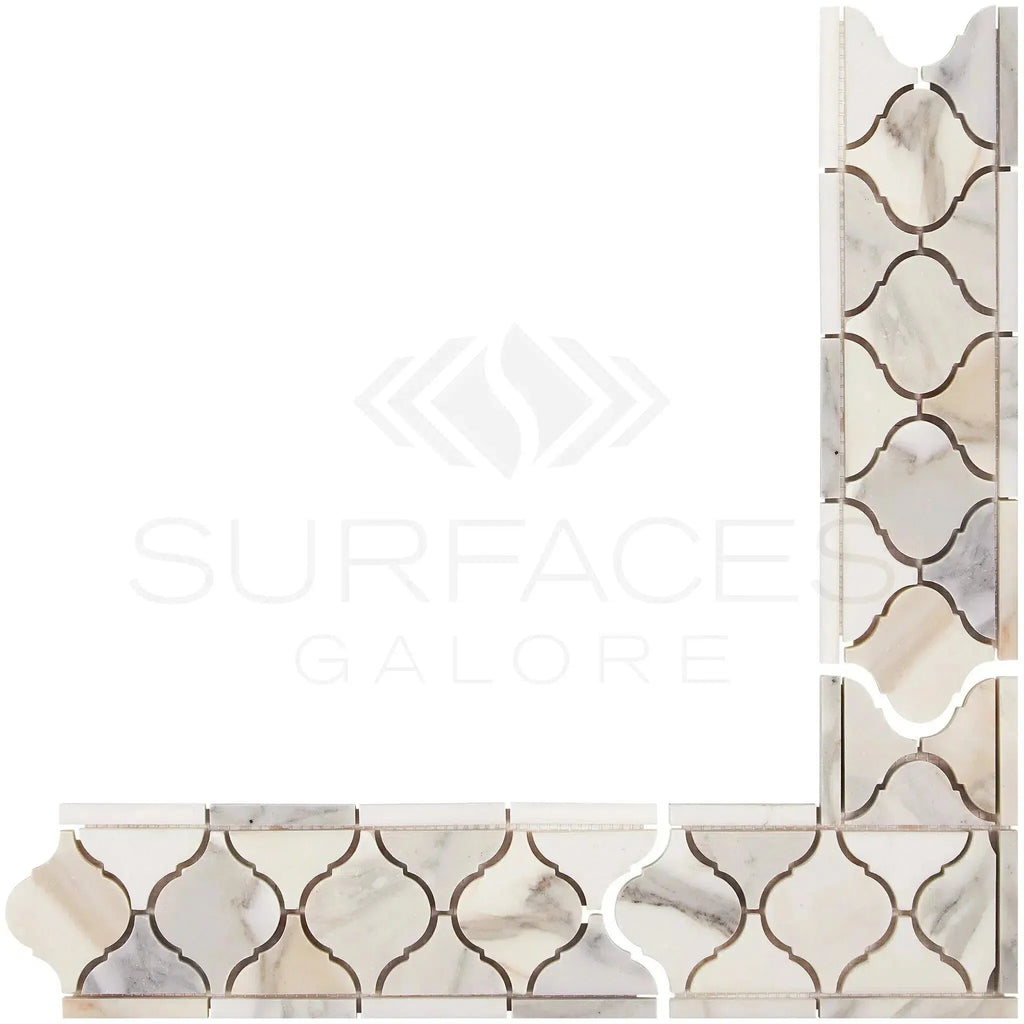 Arabesque marble tile border in Calacatta Gold Lantern Mosaic design, polished or honed