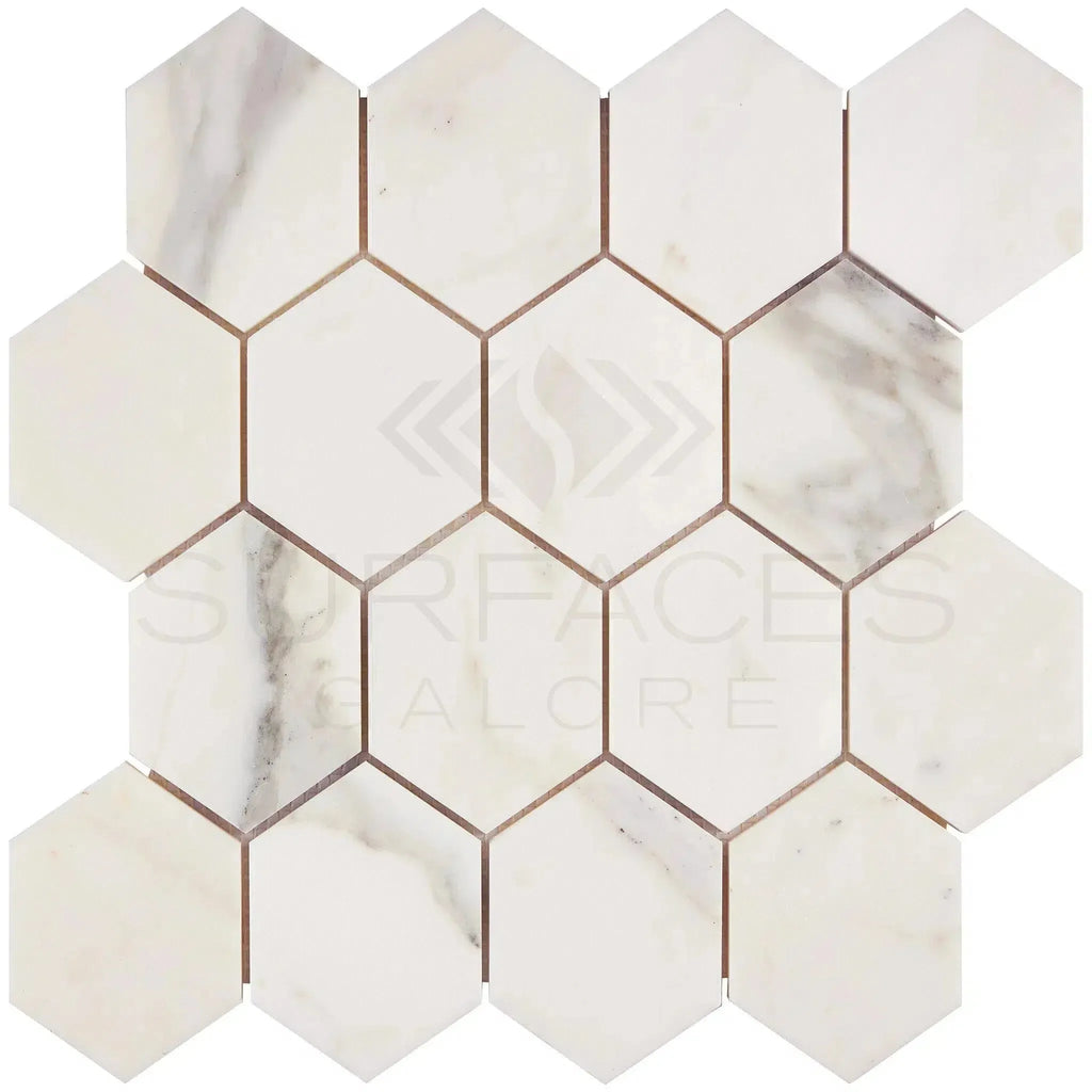 Calacatta Gold 3 Inch Hexagon Mosaic Marble Tile Sheet - Polished or Honed Finish