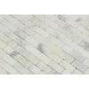 Calacatta Gold Mini-Brick Mosaic Marble Tile in polished white marble brick pattern