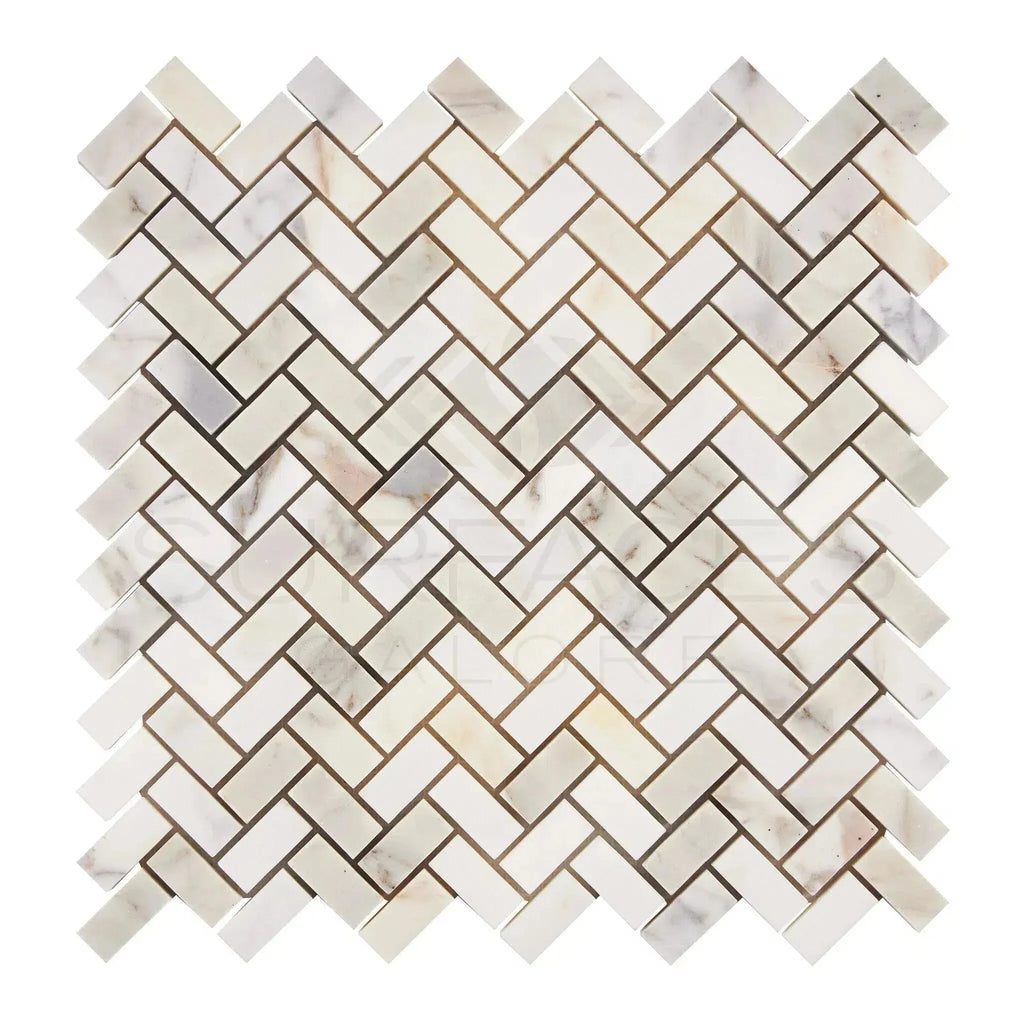 Calacatta Gold Mini-Herringbone Mosaic Marble Tile in polished and honed finishes