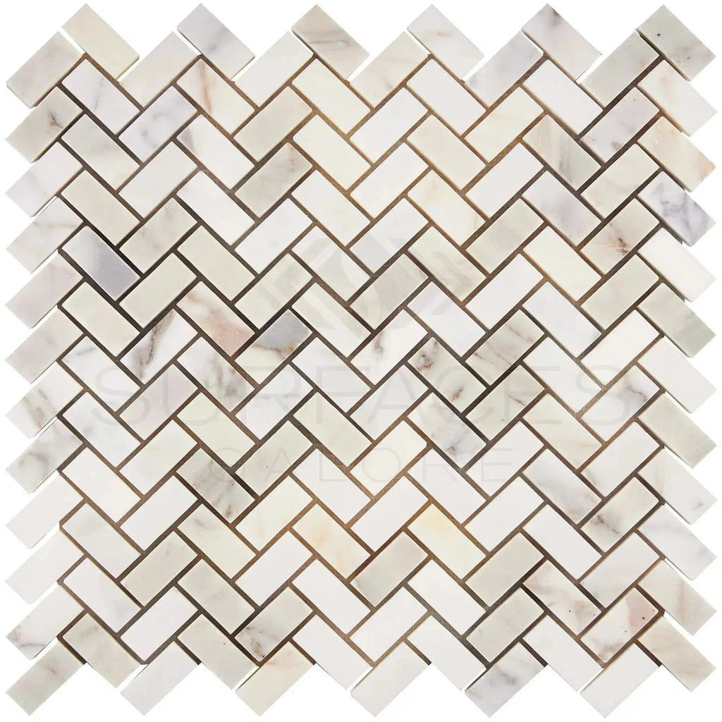 Calacatta Gold Mini-Herringbone Mosaic Marble Tile with polished and honed finishes