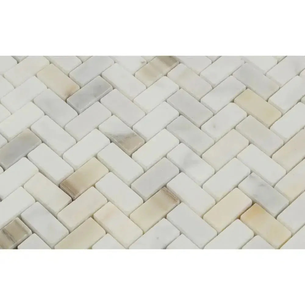 Calacatta Gold Mini-Herringbone Mosaic Marble Tile showcasing a rectangular herringbone pattern