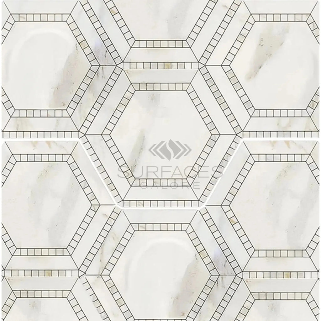 Hexagonal marble tile pattern of Calacatta Gold 5’’ Hexagon Combination Mosaic