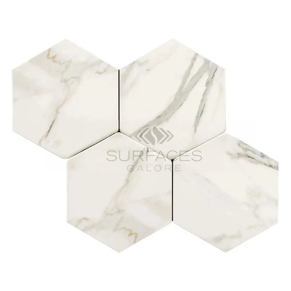 Calacatta Gold 6 Inch Hexagon Mosaic Marble Tile in polished and honed finish