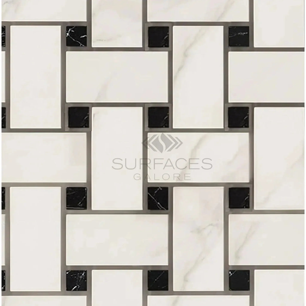 Calacatta Gold Basketweave Mosaic Tile featuring a luxurious marble pattern with Black accents