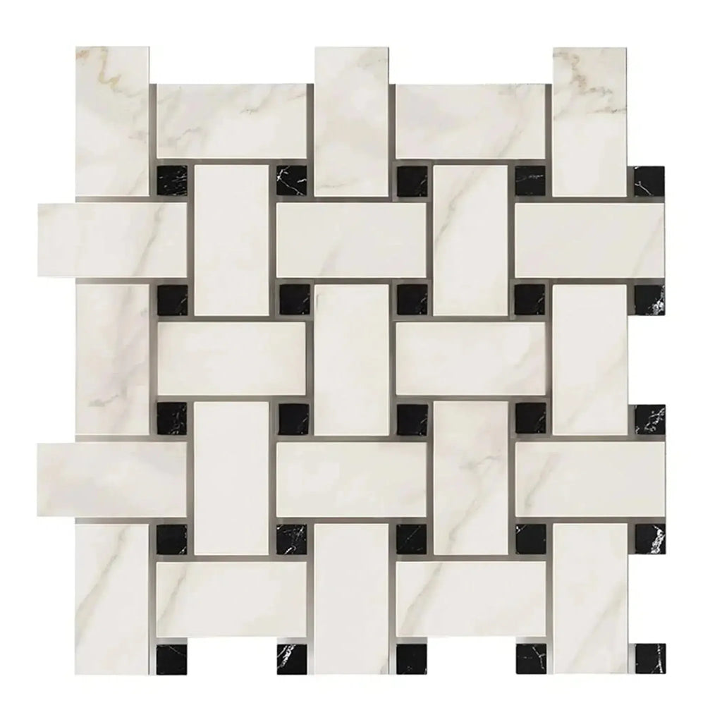 Calacatta Gold Basketweave Mosaic Tile with Black accents, polished or honed finish