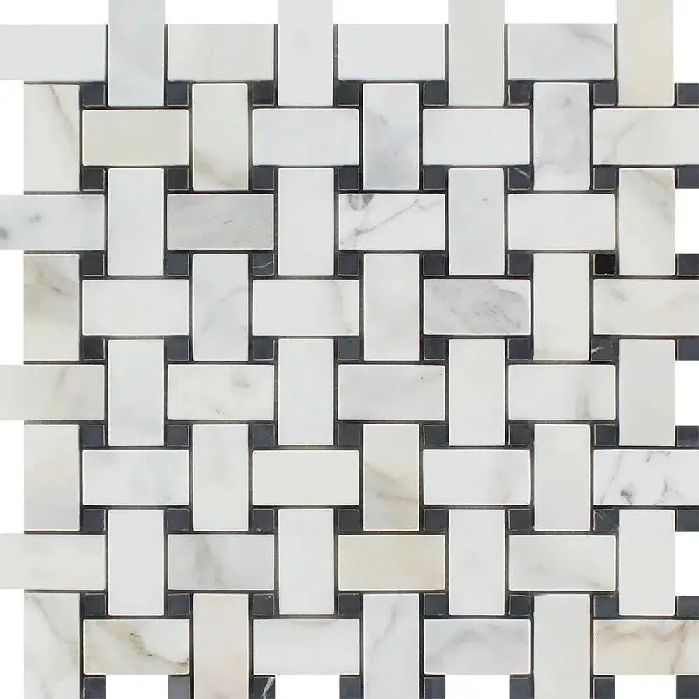 Woven Marble Mosaic Tile in Calacatta Gold Basketweave Design with Black Accents