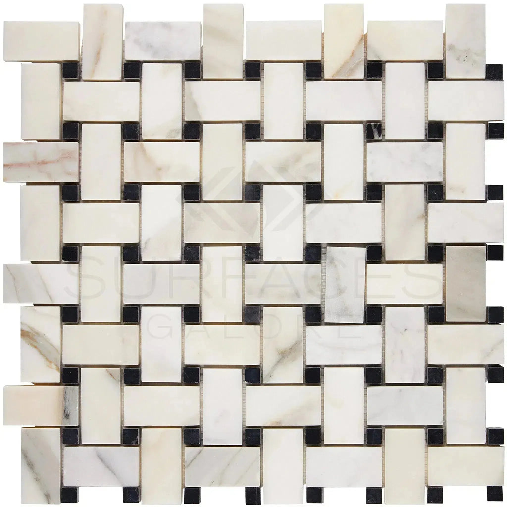 Woven marble and black tile mosaic in Calacatta Gold Basketweave Mosaic design