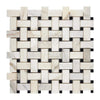 Woven marble and black tile mosaic in Calacatta Gold Basketweave Mosaic Marble Tile