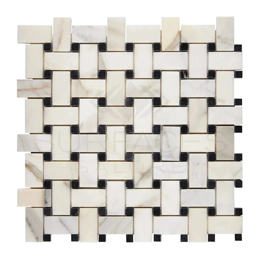 Woven marble and black tile mosaic in Calacatta Gold Basketweave Mosaic Marble Tile