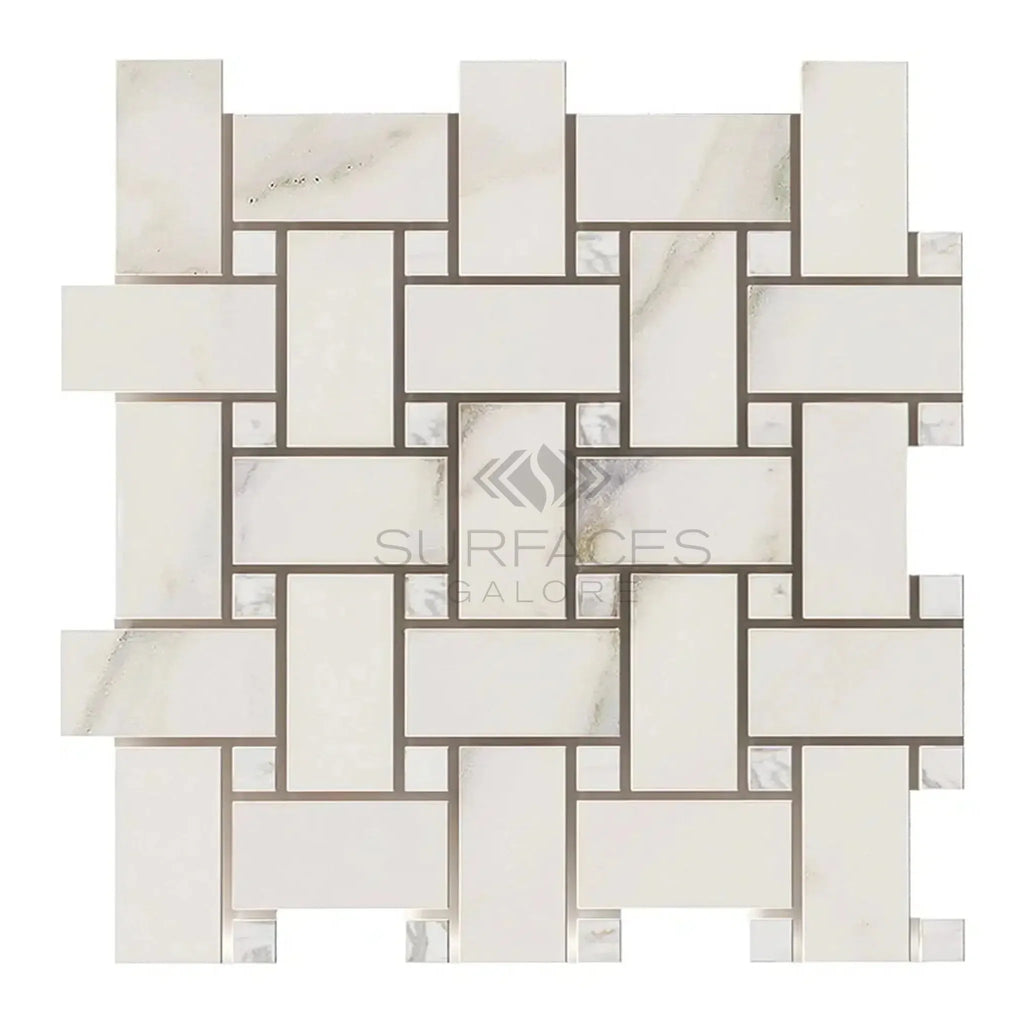 Calacatta Gold Basketweave Mosaic Tile featuring elegant white and gray patterns