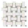 Woven white and gray tile mosaic of Calacatta Gold Basketweave Marble Tile