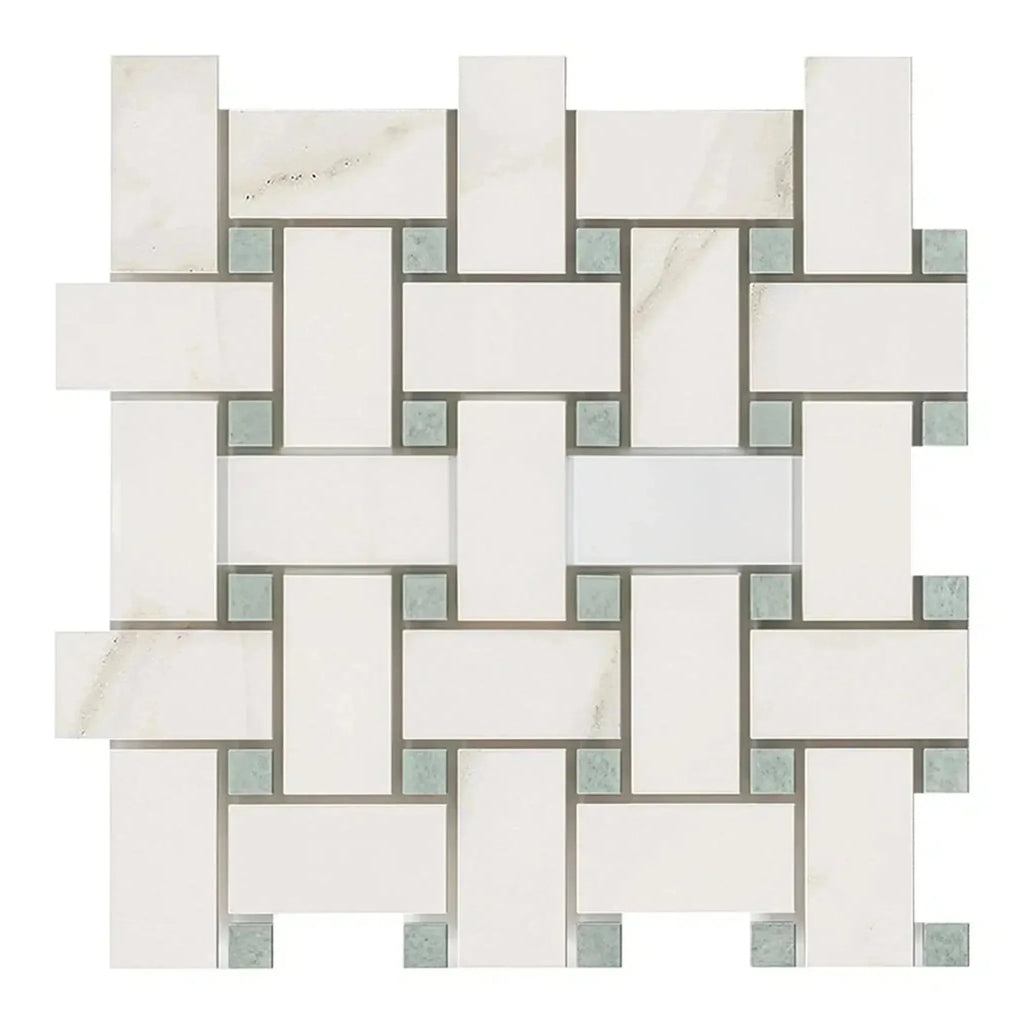 Woven white and gray tile mosaic of Calacatta Gold Basketweave Marble Tile