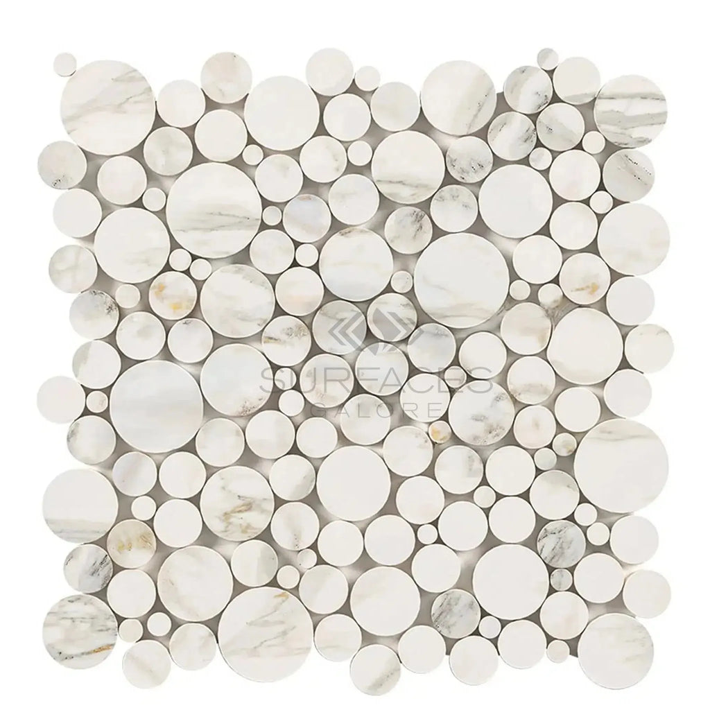 Circular Calacatta Gold Bubbles Mosaic Marble Tile in polished and honed finish