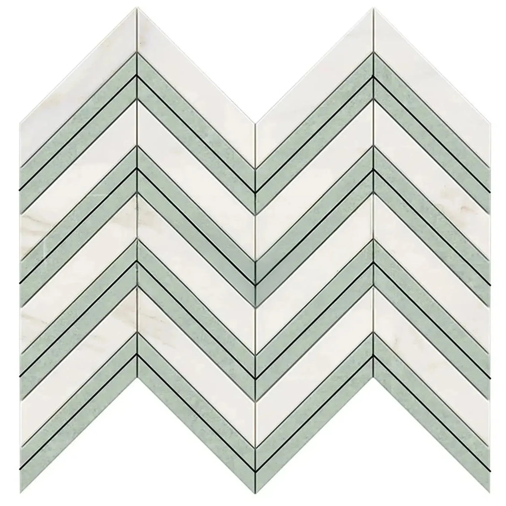 Calacatta Gold Chevron Mosaic Marble Tile with Ming Green accents, polished or honed finish