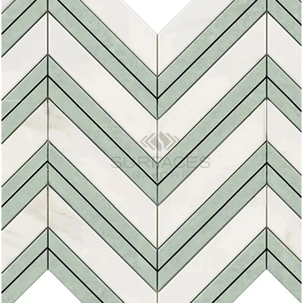 Calacatta Gold Chevron Mosaic Marble Tile featuring Ming Green accents in polished finish