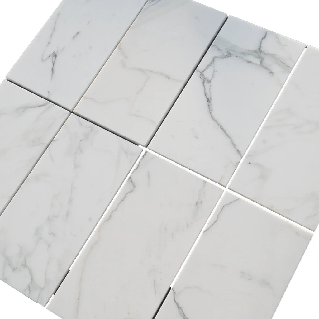 Calacatta Gold Fan Raindrop Mosaic Marble Tile in polished or honed white marble arrangement