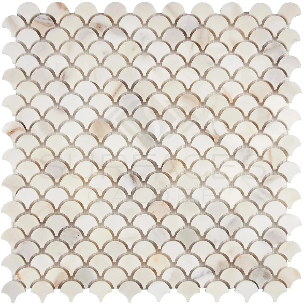 Calacatta Gold Fan Raindrop Mosaic Marble Tile featuring scalloped design in polished finish